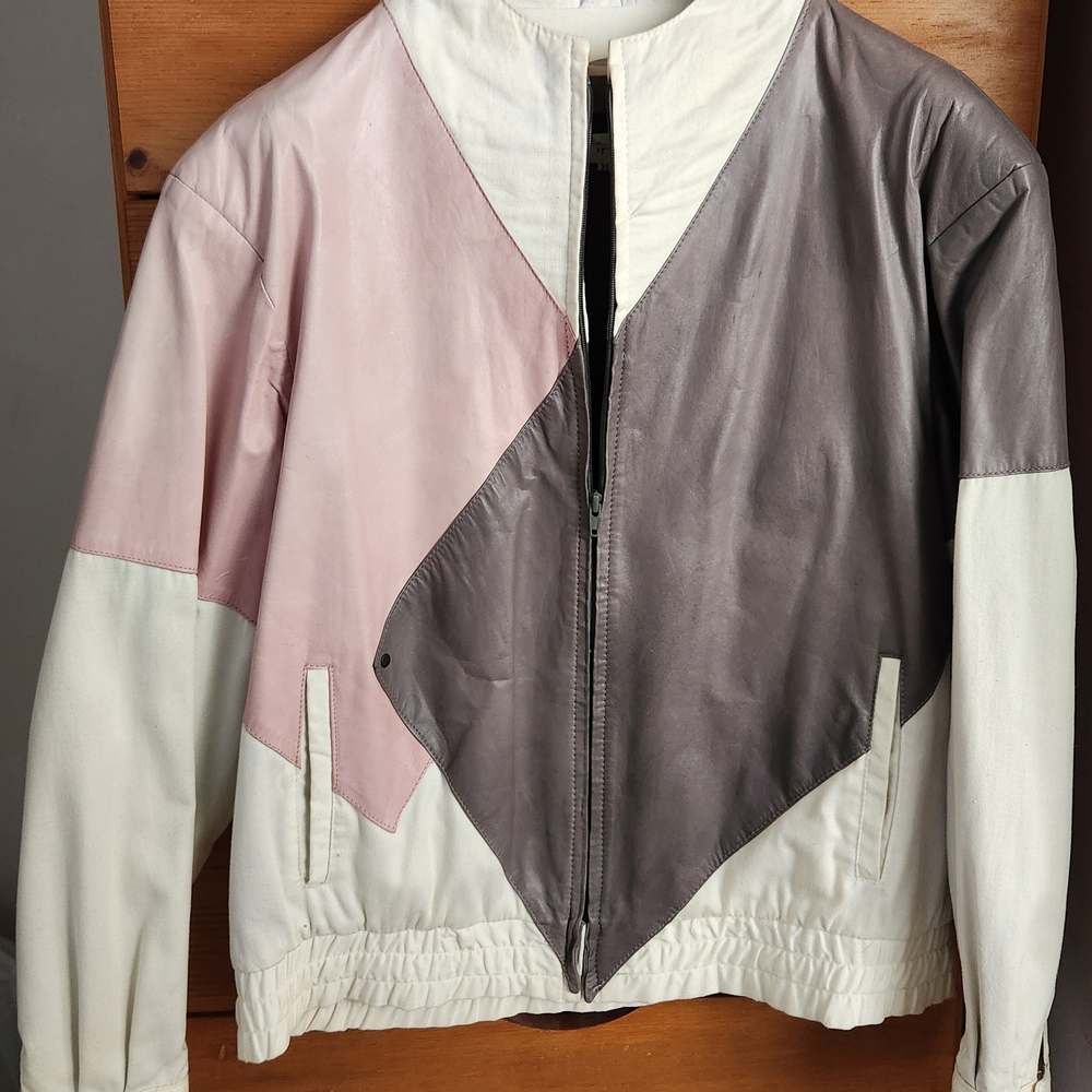 Colorblock Leather Jacket in Pink and Gray